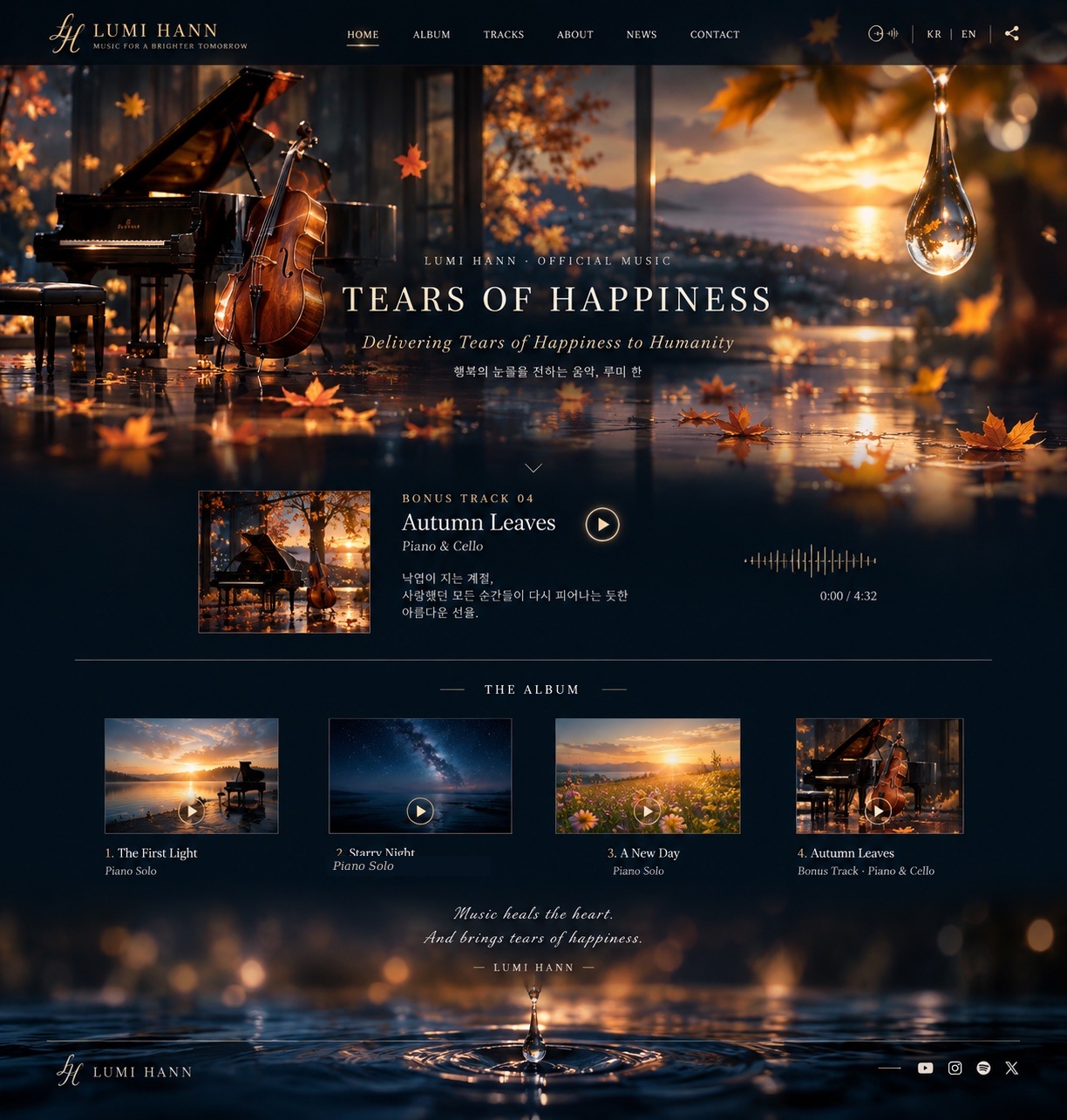 LUMI HANN Tears of Happiness — 그랜드 피아노와 첼로, 가을 호수와 눈물방울, 네 곡의 앨범 디자인